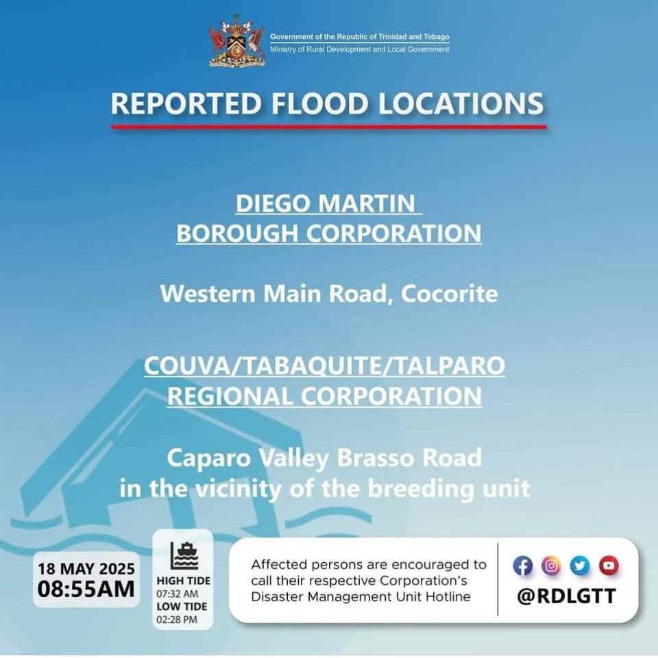 Flooding reported in Diego Martin and Caparo Valley