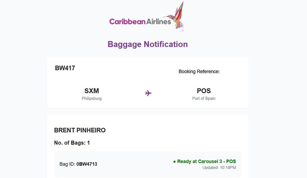 Caribbean Airlines introduces automatic baggage notifications