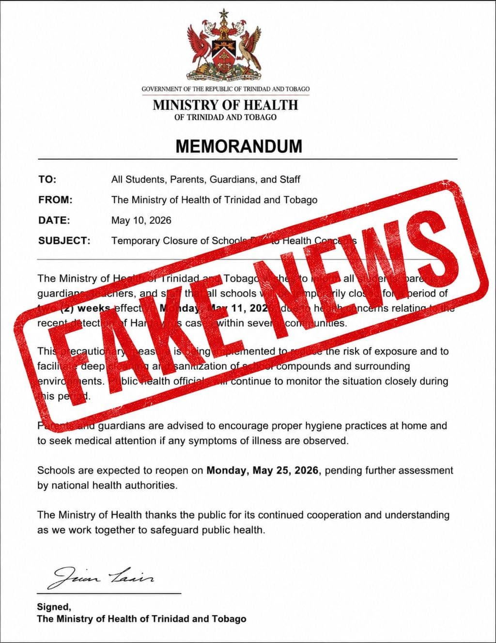 Health Ministry warns against fake school closure memo