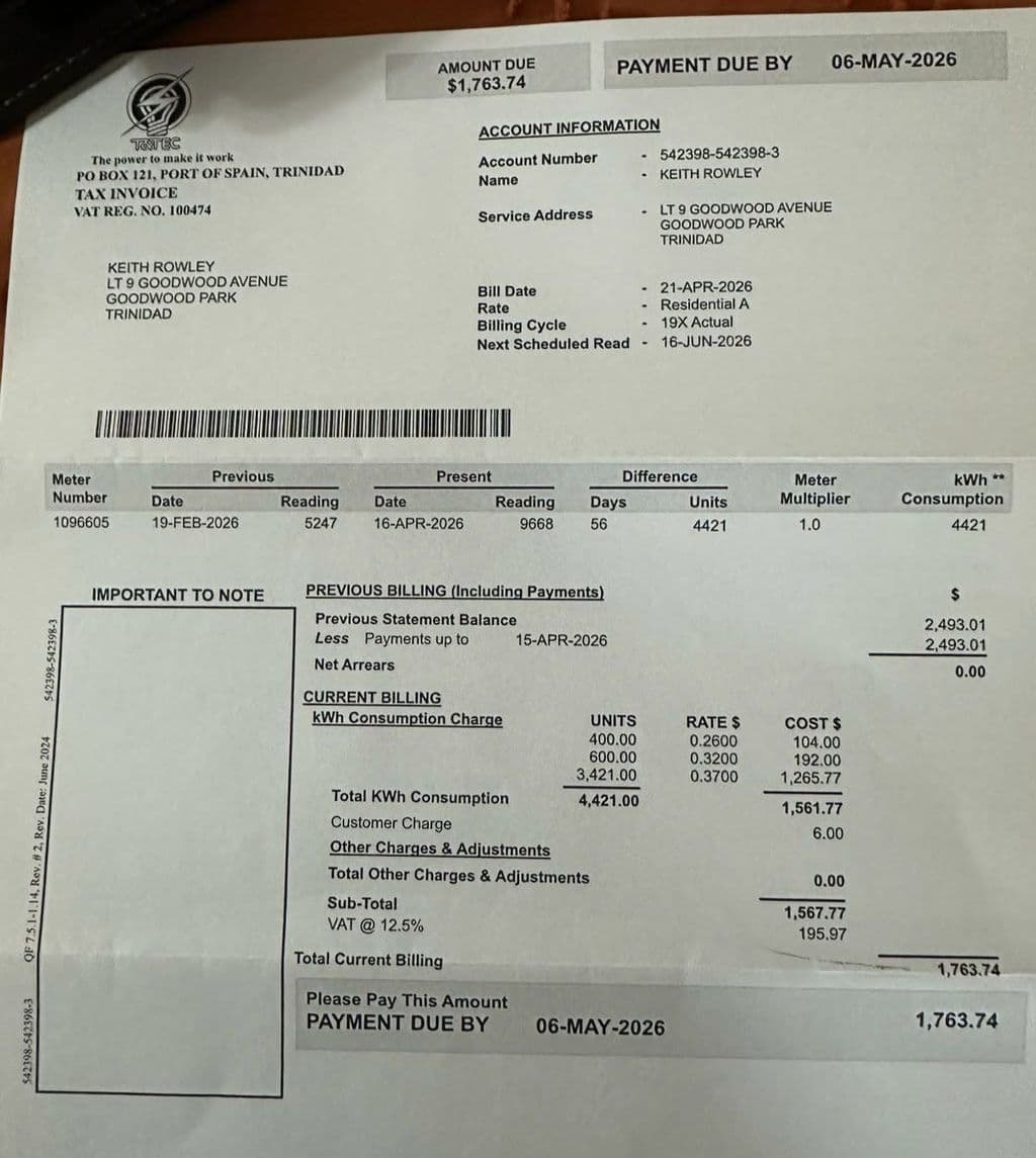 Rowley posts electricity bill; denies T&TEC list