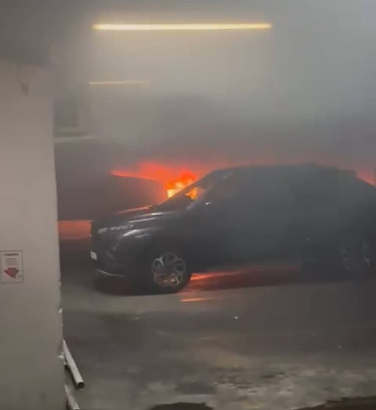 Electric car burns at MovieTowne basement carpark