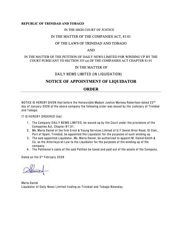 Notice of Appointment of Liquidator Order 2026